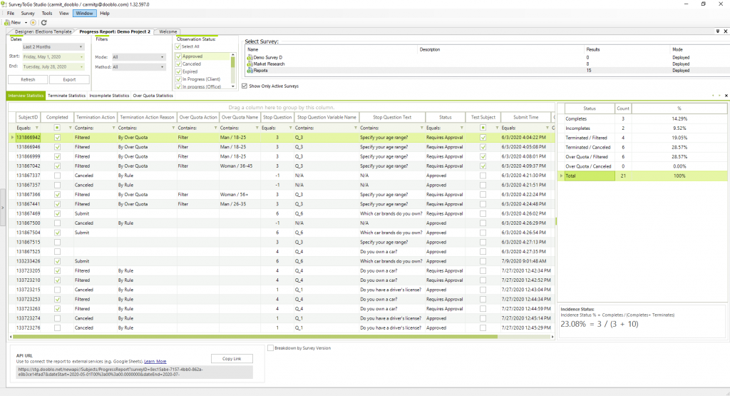 Screenshot of data collection during pandemic