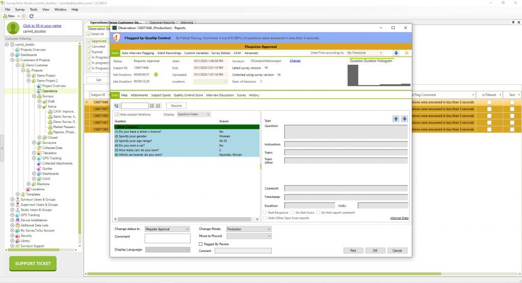 Screenshot of quality control in platform